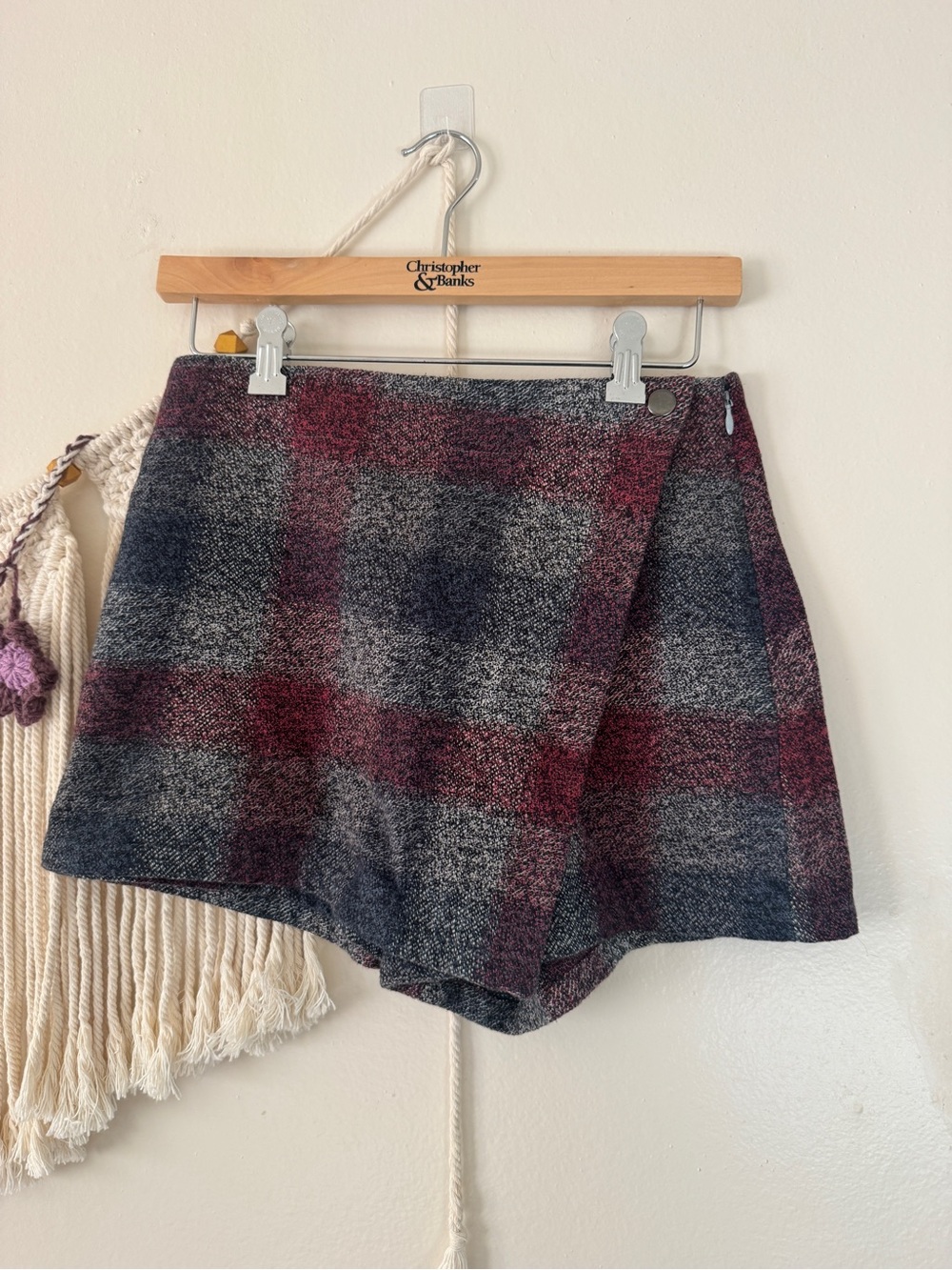 Free People Plaid Wrap Mini Skort - Burgundy and Charcoal